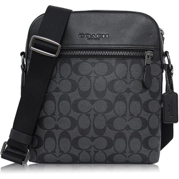 NWT Coach Men’s Houston Flight Bag Signature Canvas Charcoal Crossbody One Size - Picture 1 of 7